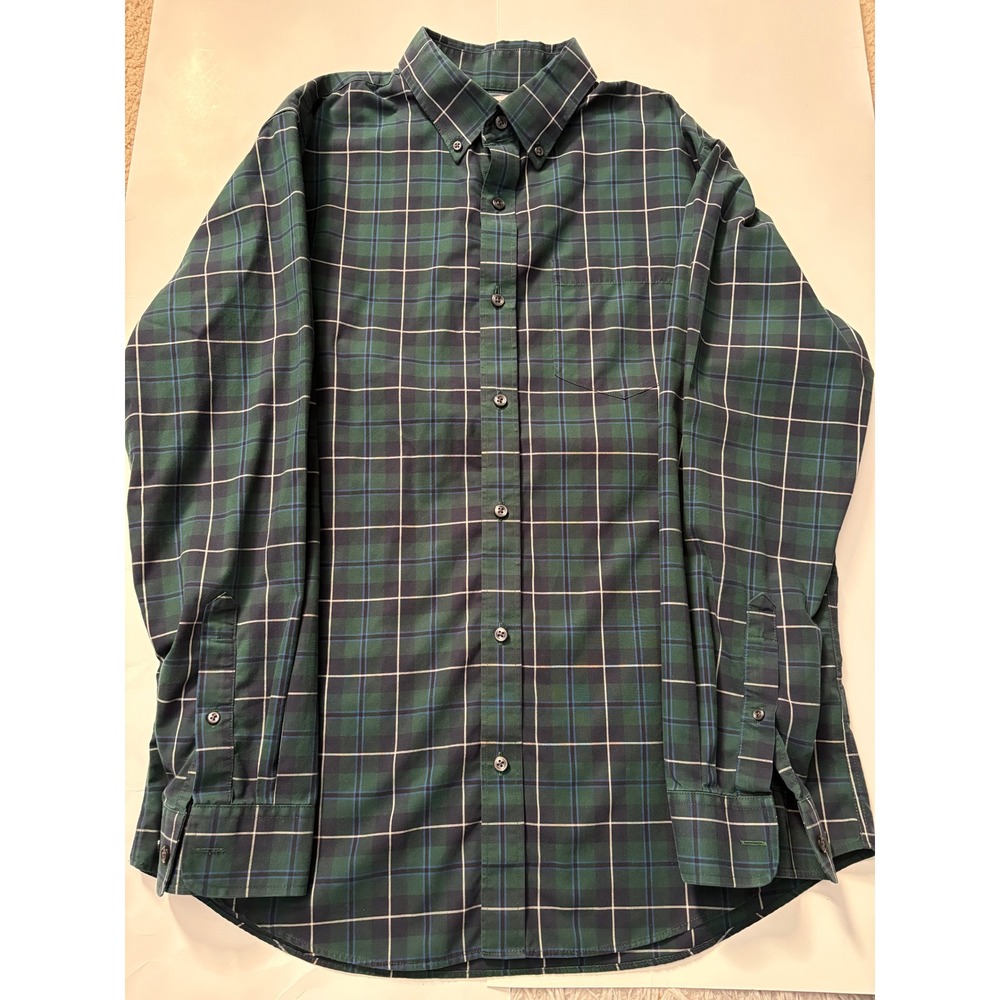 LL Bean Mens Medium Plaid Button Down Shirt Green Blue‎ Slightly Fitted